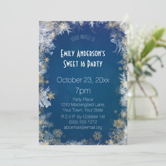 ウィンターシルバー金ゴールドブルースウィート16誕生日 招待状 (スタンド正面)