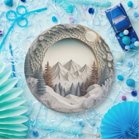 ウィンターシーンホリデークリスマス3Dルックパーティー紙 ペーパープレート (パーティー)