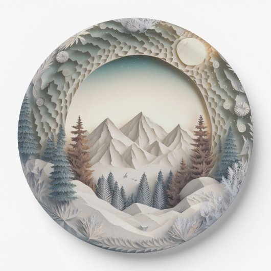 ウィンターシーンホリデークリスマス3Dルックパーティー紙 ペーパープレート (正面)