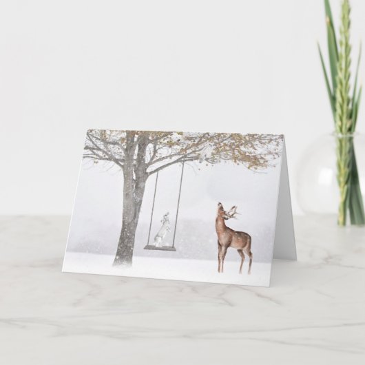 ウィンタースイングの木の上のクリスマスラビット カード (正面)