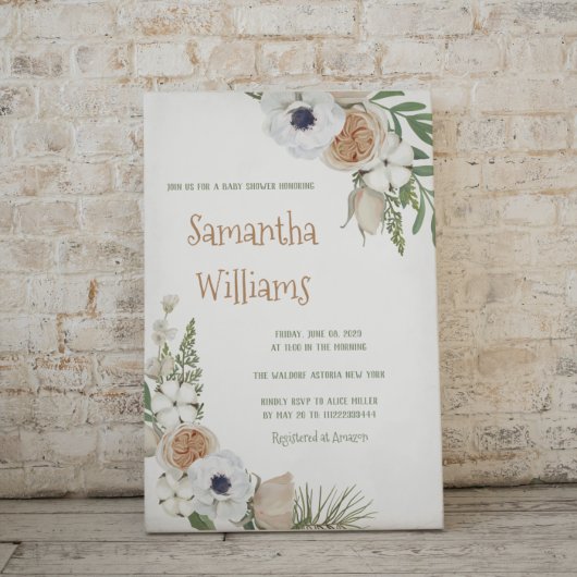 ウィンタースタイルの植物と花のデザインが施されたコットン生地のベビーシャワー 招待状