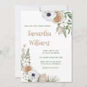 ウィンタースタイルの植物と花のデザインが施されたコットン生地のベビーシャワー 招待状 (正面)