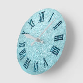 ウィンタースノーアクアティール(緑がかった色)ブルーグリッターローマンナンバー ラウンド壁時計 (傾斜)