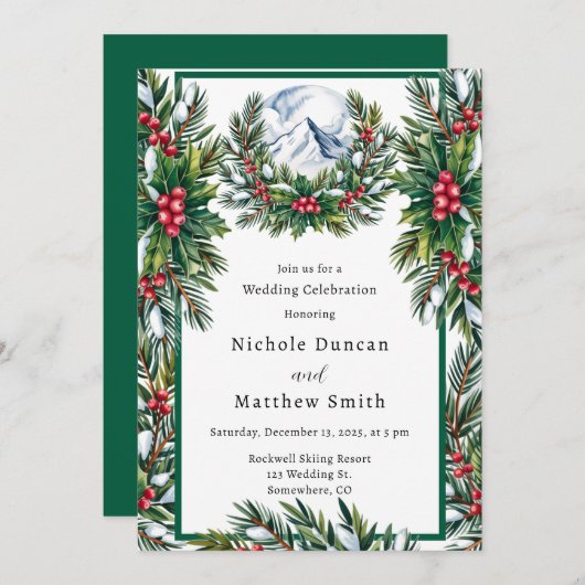 ウィンタースノーイパインリース結婚ズお祝い 招待状 (正面/裏面)