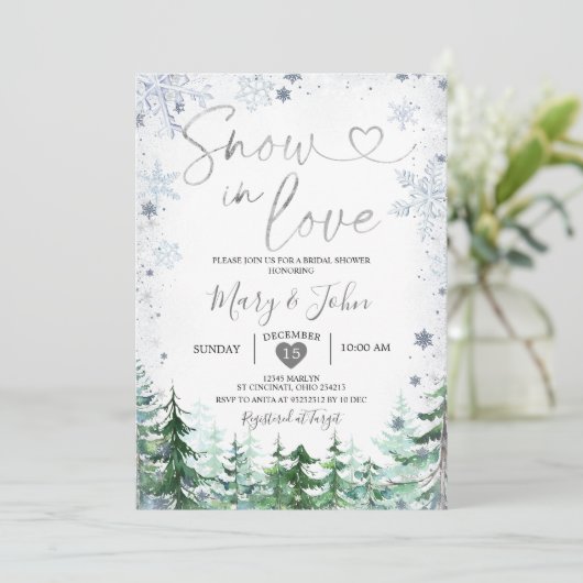 ウィンタースノーインラブシルバースノーフレークブライダルシャワー 招待状 (スタンド正面)