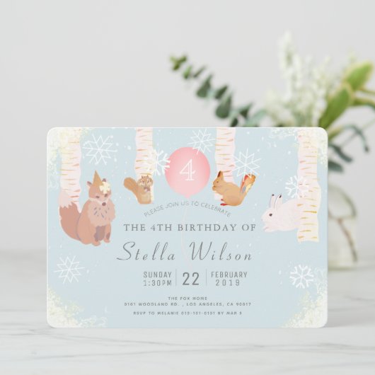 ウィンタースノーウッドランドアニマルズ誕生日招待状 招待状 (スタンド正面)