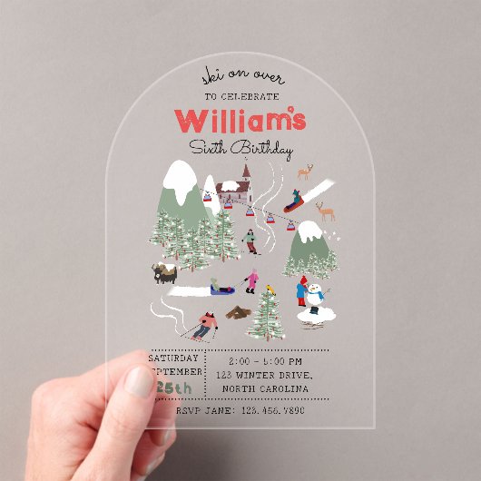 ウィンタースノースキーマウンテンスキーゲレンデ誕生日 アクリル招待状 (インサイチュ (ポータブル))