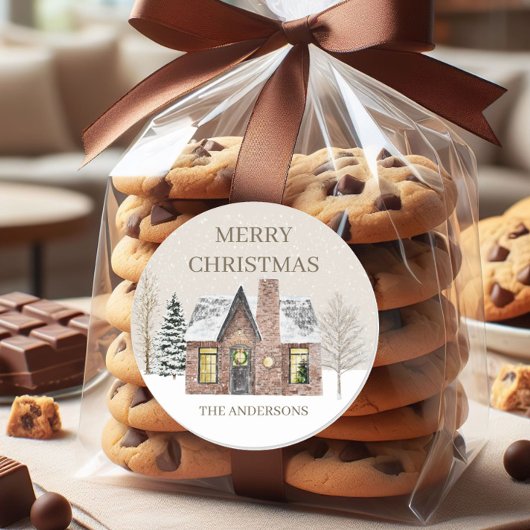 ウィンタースノーハウスパインツリーメリークリスマスネーム ラウンドシール