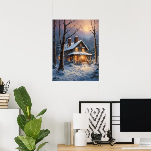 ウィンタースノーフォレストハウスお洒落アート絵画ズ ポスター (ホームオフィス)