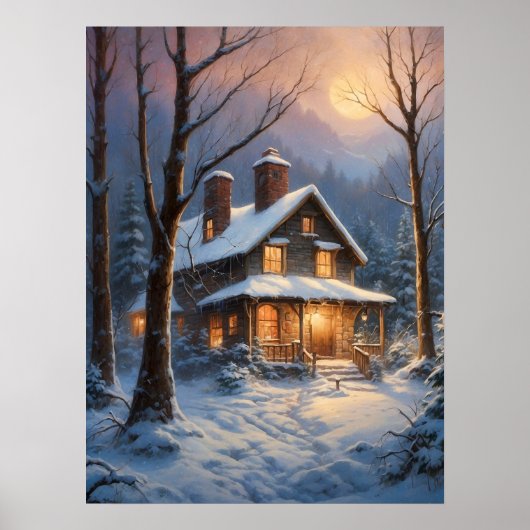 ウィンタースノーフォレストハウスお洒落アート絵画ズ ポスター (正面)