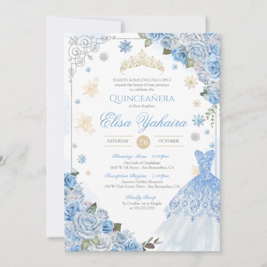 ウィンタースノーフレークアイスブルー金ゴールドシルバーキンセアニラ 招待状 (正面)