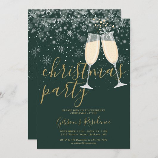 ウィンタースノーフレークゴールドスクリプトクリスマスパーティー 招待状 (正面/裏面)