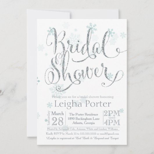 ウィンタースノーフレークシルバーグリッターブライダルシャワー 招待状 (正面)