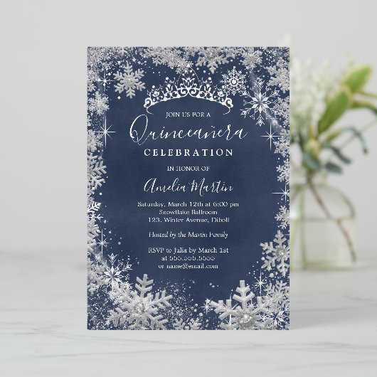 ウィンタースノーフレークシルバーネイビーキンセアニェラ 箔招待状 (立ち正面)