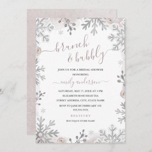 ウィンタースノーフレークシルバーブラッシュのランチ&バブル 招待状 (正面/裏面)