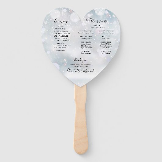 ウィンタースノーフレークスクリプト結婚式プログラムハート ハンドファン (裏面)