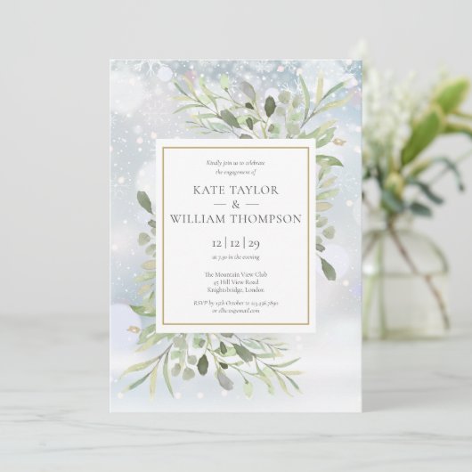 ウィンタースノーフレークスグリーンリーフローラ婚約 招待状 (スタンド正面)