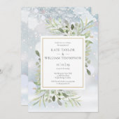 ウィンタースノーフレークスグリーンリーフローラ婚約 招待状 (正面/裏面)