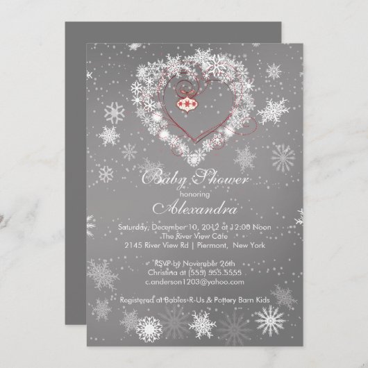 ウィンタースノーフレークハートベビーシャワー招待状 招待状 (正面/裏面)