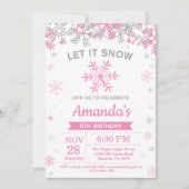 ウィンタースノーフレークピンクアンドシルバーガール誕生日 招待状 (正面)