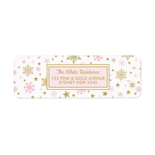 ウィンタースノーフレークピンク金ゴールド誕生日シャワーホリデー ラベル (正面)