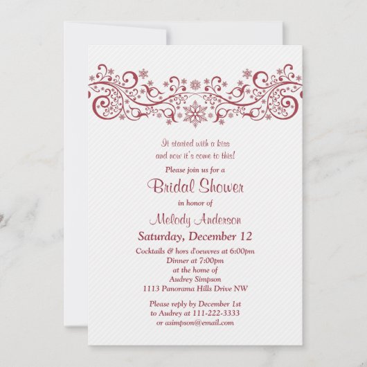 ウィンタースノーフレークフローラレッドホワイトブライダルシャワー 招待状 (正面)