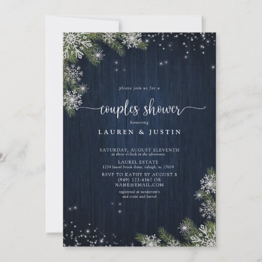 ウィンタースノーフレークブループレイドカップルブライダルシャワー 招待状 (正面)