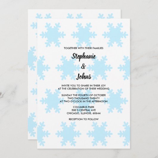 ウィンタースノーフレークブルーホワイトエレガントトレンディー結婚ズ 招待状 (正面/裏面)