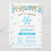 ウィンタースノーフレークブルー&金ゴールドボーイ誕生日 招待状 (正面/裏面)