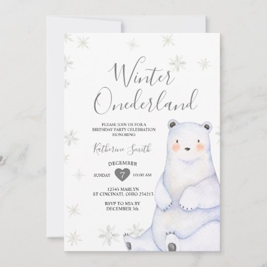 ウィンタースノーフレークベア誕生日招待状 招待状 (正面)