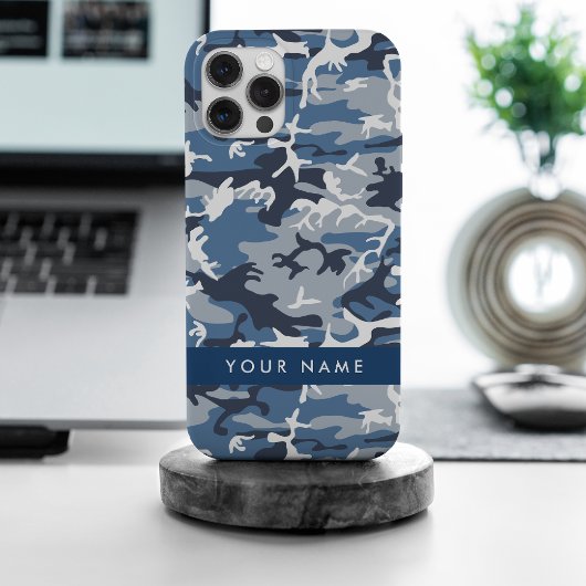 ウィンタースノーブルーカモフラージュ 名前をカスタマイズ iPhoneケース