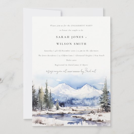 ウィンタースノーマウンテンスキーランドスケープ婚約 招待状 (正面)
