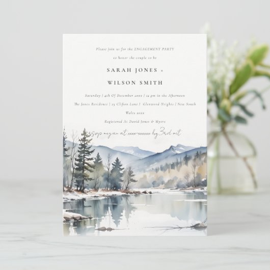 ウィンタースノーマウンテンレイクランドスケープ婚約 招待状 (スタンド正面)