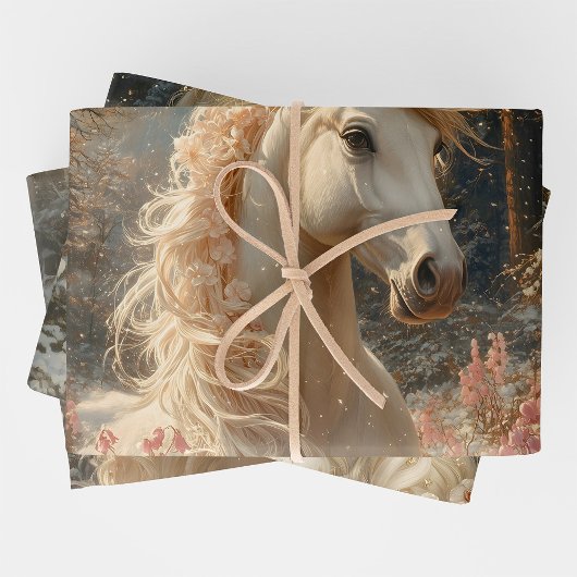 ウィンタースノーユニコーンキャッスルファンタジー魔法の馬 ラッピングペーパーシート
