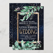 ウィンタースノー金ゴールドネービーリーフウォーター結婚カラーズ 招待状 (正面/裏面)