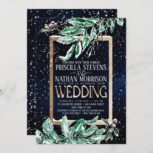 ウィンタースノー金ゴールドネービーリーフウォーター結婚カラーズ 招待状 (正面/裏面)