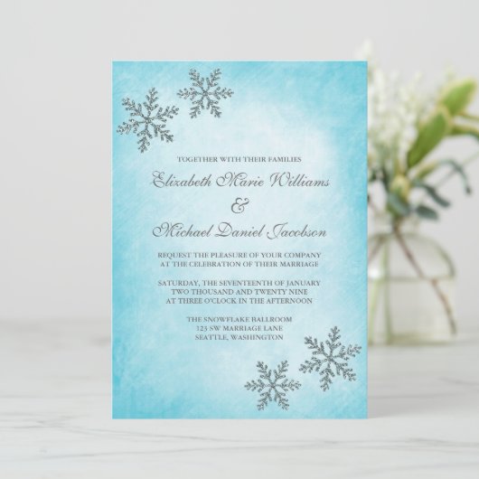 ウィンタースパークルスノーフレークティール（緑がかった色）結婚式招待状 招待状 (スタンド正面)