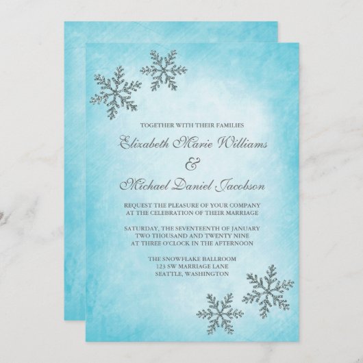 ウィンタースパークルスノーフレークティール（緑がかった色）結婚式招待状 招待状 (正面/裏面)