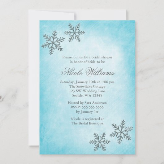 ウィンタースパークルスノーフレーク ティール ブライダルシャワー 招待状 (正面)