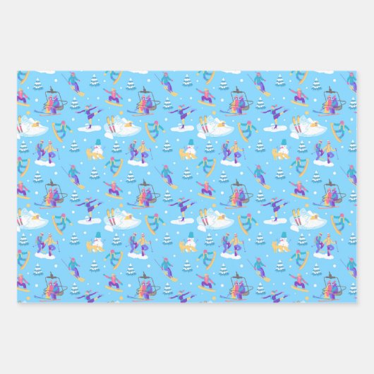 ウィンタースポーツスケートで滑るスキースノーボーディングパターン ラッピングペーパーシート (正面3)