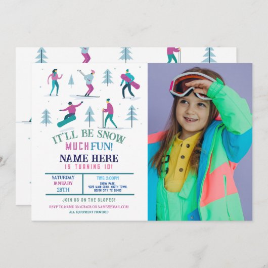 ウィンタースポーツ誕生日ガールズスキースノーボードフォト 招待状 (正面/裏面)