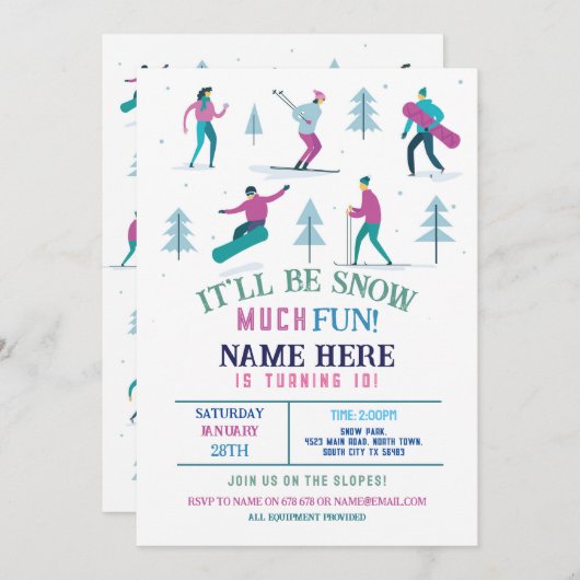 ウィンタースポーツ誕生日ガールズスキースノーボード 招待状 (正面/裏面)