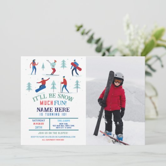 ウィンタースポーツ誕生日パーティースキースノーボード写真 招待状 (スタンド正面)