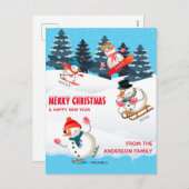 ウィンタースポーツ雪だるまイラストレーションメリークリスマス シーズンポストカード (正面/裏面)