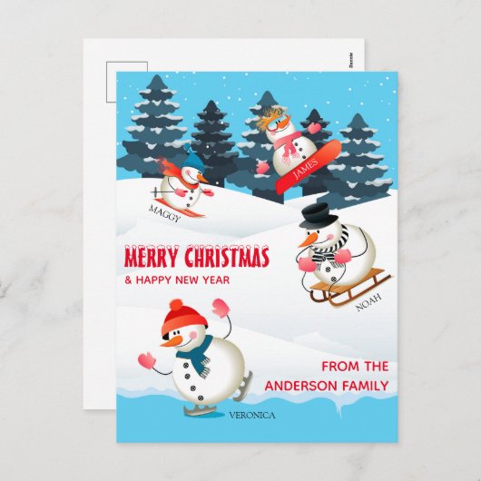 ウィンタースポーツ雪だるまイラストレーションメリークリスマス シーズンポストカード (正面/裏面)