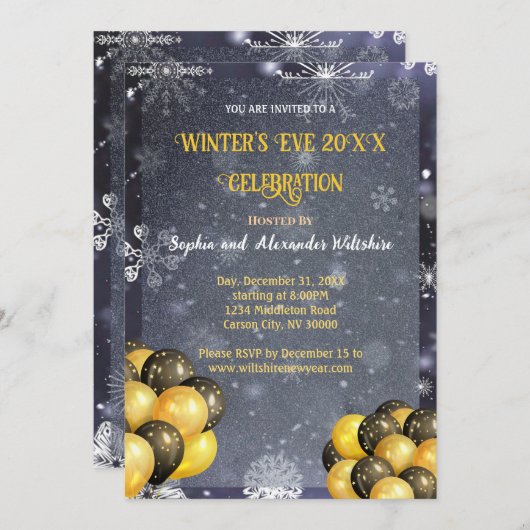 ウィンターズイブ金ゴールド&ブラックお祝い招待状 招待状 (正面/裏面)