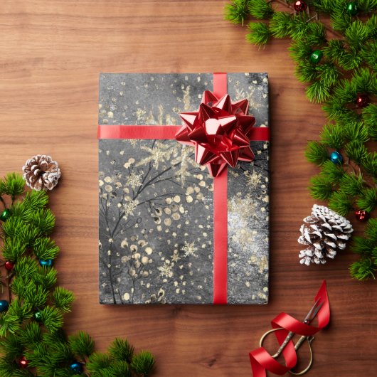 ウィンターダスク金ゴールドベリー&スノーフレーク ラッピングペーパー (クリスマスギフト)