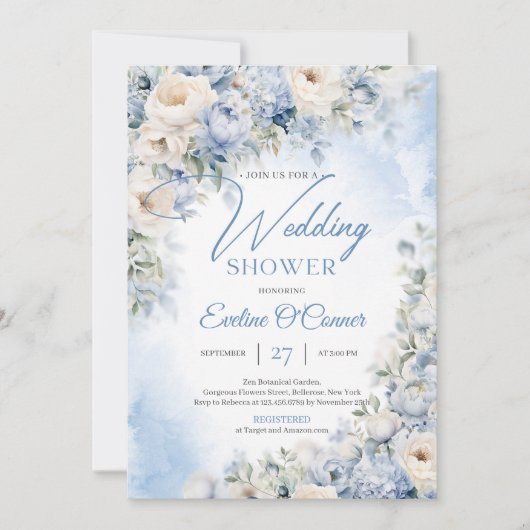 ウィンターダスティブルーとアイボリーの花ウェディングシャワー 招待状 (正面)