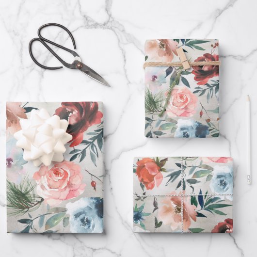 ウィンターダスティブルー&ピンクローズパイン&バラお尻  ラッピングペーパーシート (正面)