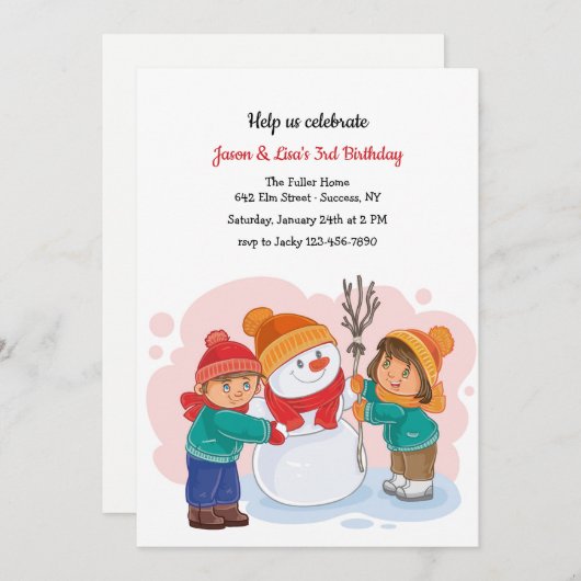 ウィンターツインズバースデーパーティーの招待 招待状 (正面/裏面)